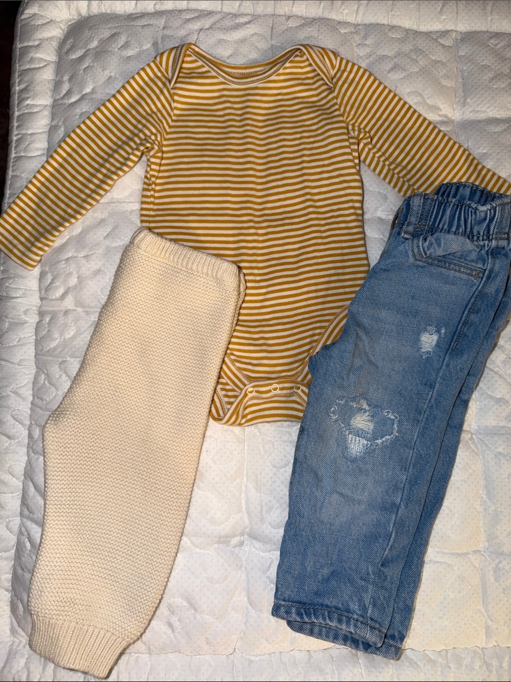Kids Casual Knit Cream Legging Joggers & Light Blue Denim Pants & Striped Onesie